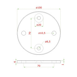 Úchyt na bočné kotvenie stĺpu na jakel, (kotviaca platňa ø 100 /6mm), brúsená nerez K320 /AISI304 Úchyt na bočné kotvenie stĺpu na jakel, (kotviaca platňa ø 100 /6mm), brúsená nerez K320 /AISI304